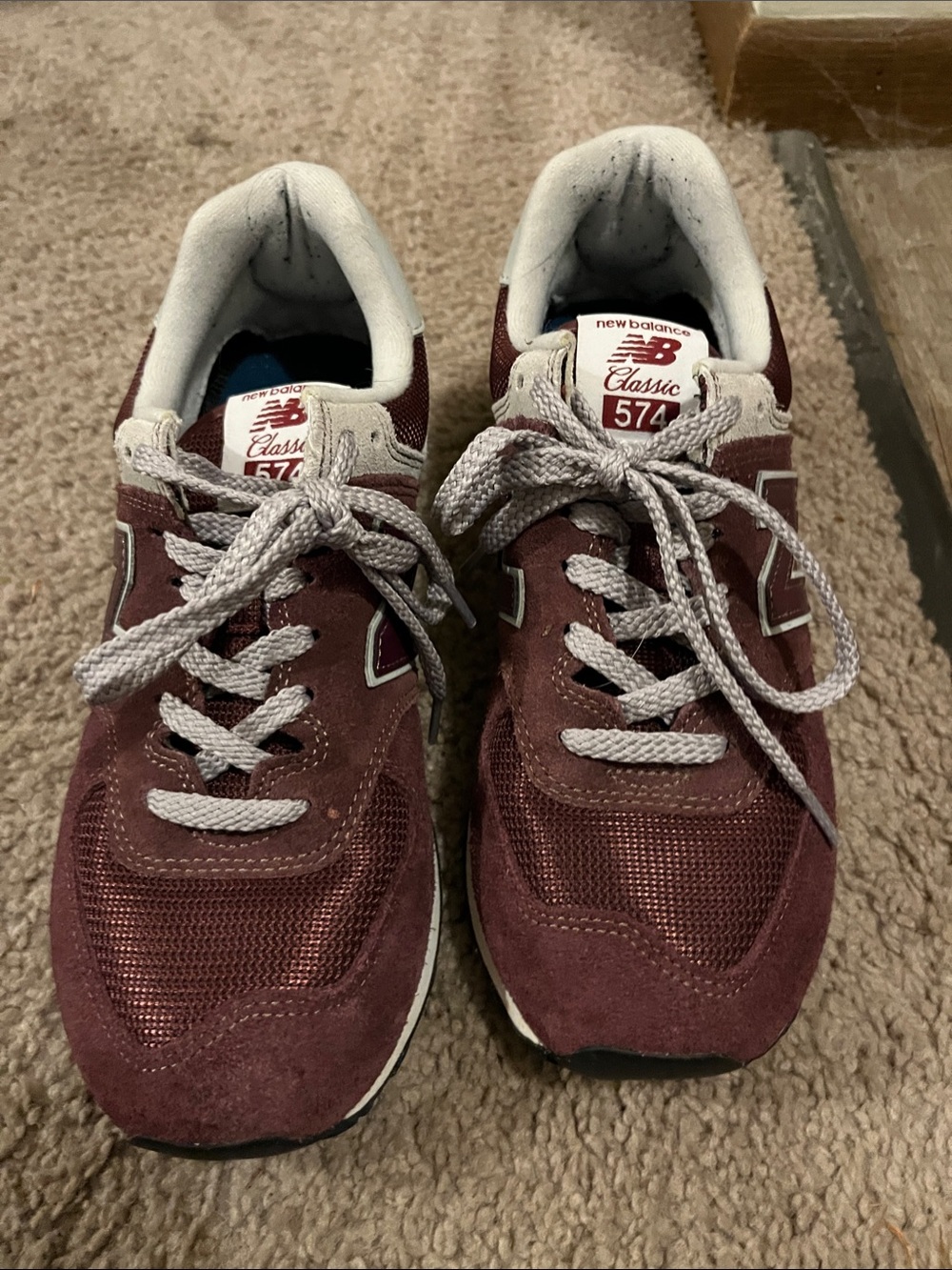 New Balance women’s burgundy and Gray 574 Classic Sneakers
